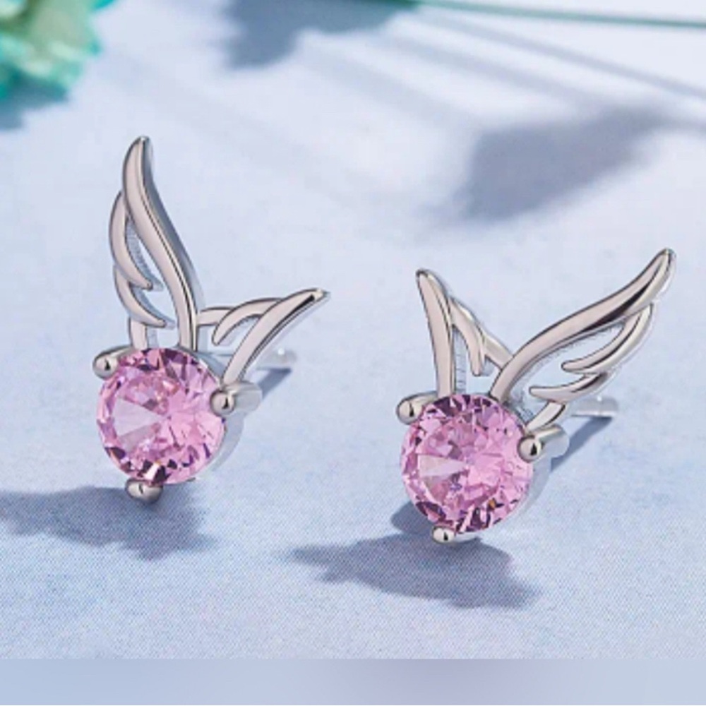 Silver Winged Earrings with Pink Crystals